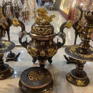 BỘ ĐỒ THỜ NGŨ SỰ ĐỒNG ĐỎ KHẢM PHÁP CAO CẤP (LONG PHỤNG)